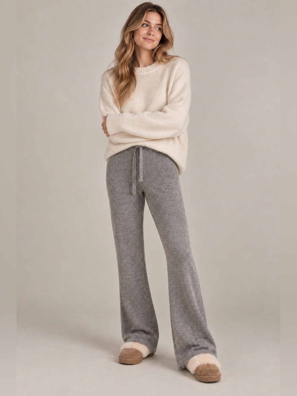 Barefoot Dreams CozyChic Lite Style 481 Gray Flare Lounge Pants Drawstring Sz L